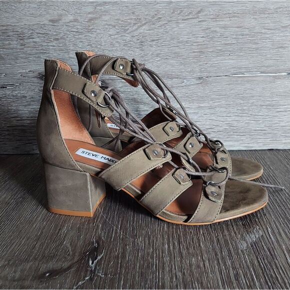 Steve Madden Imala Olive Green Suede Gladiator Sandal 5.5 Lace Up Block Heel - Picture 1 of 8